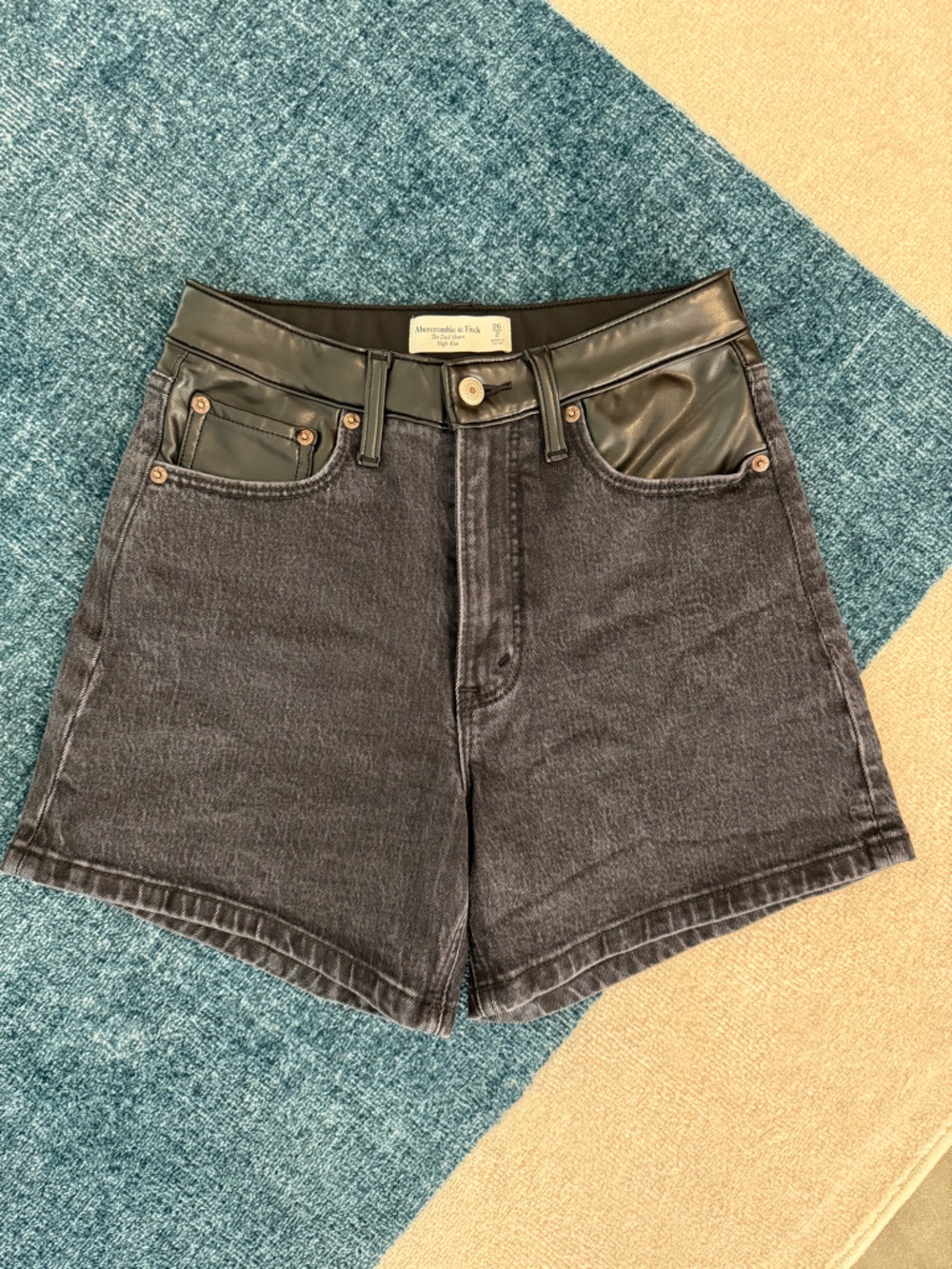 Abercrombie The Dad Short High Rise Black Denim Shorts with Faux Leather Trim